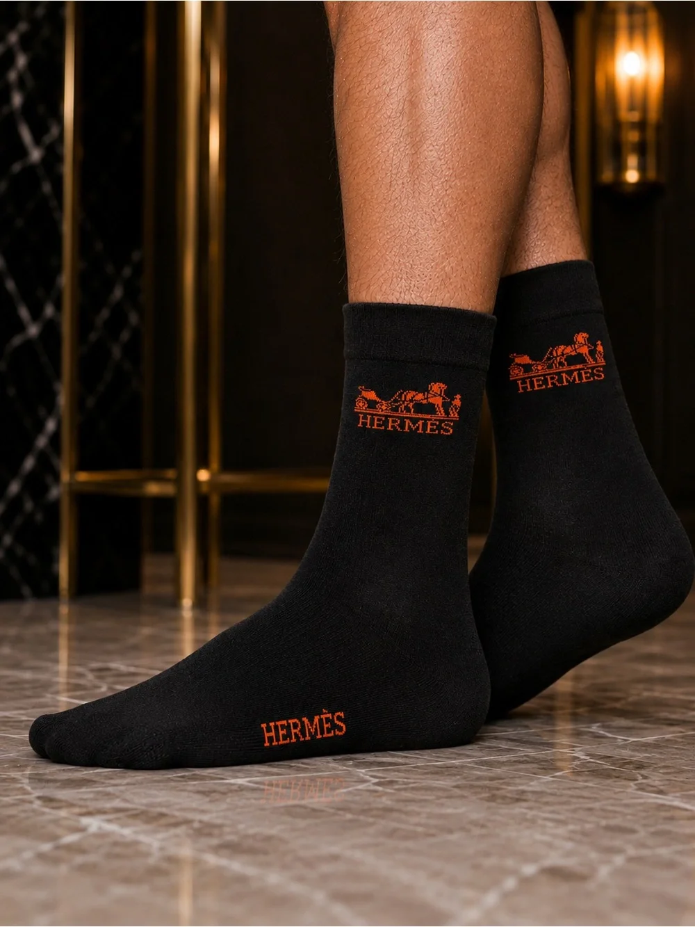Hermes Black Socks with Orange Logo and Branding